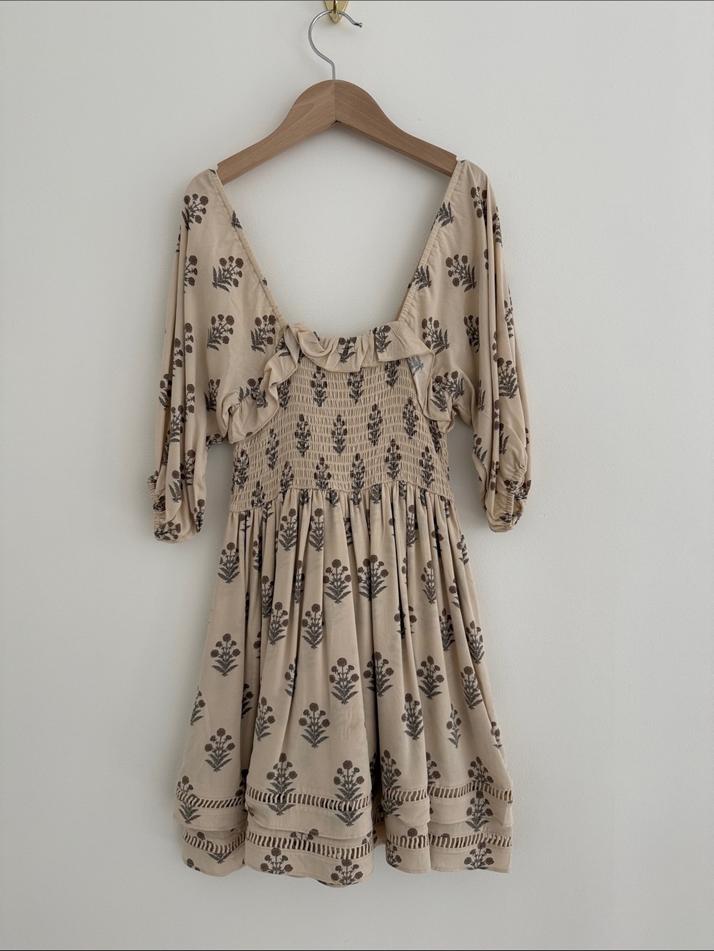 Beige Floral Smocked Mini Dress with Ruffle Detail